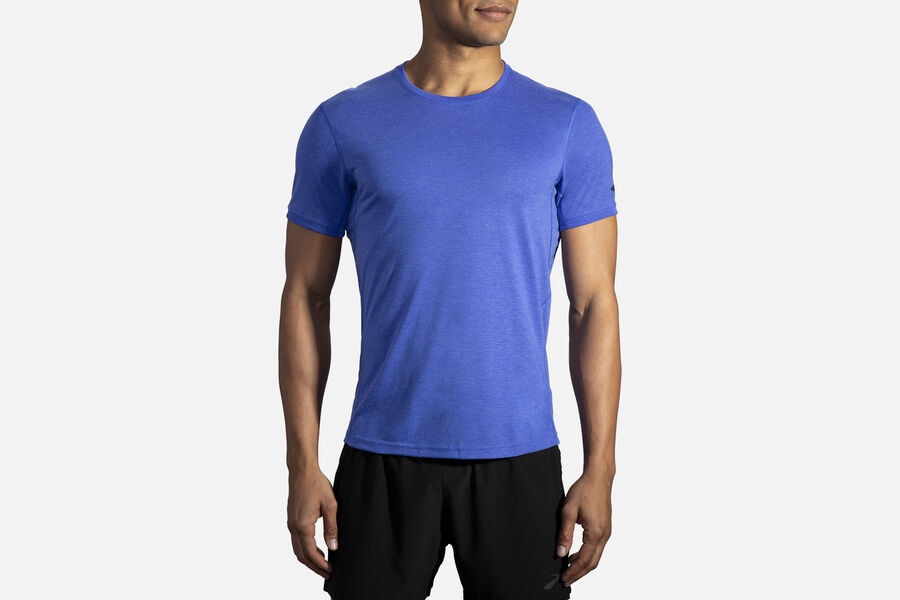 Mens Brooks Distance Sleeve Tops Heather Amparo Blue | 169704-PVU